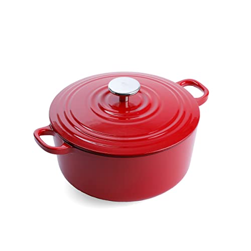 BK Cookware Deutsches Emaille-Gusseisen, 24 cm/4,2 Liter Schmortopf Auflaufform mit Deckel, Dutch Oven, Bräter, Feuertopf, Induktion, Spülmaschinenfest, Backofenfest bis zu 220°C, Chili Rot von BK