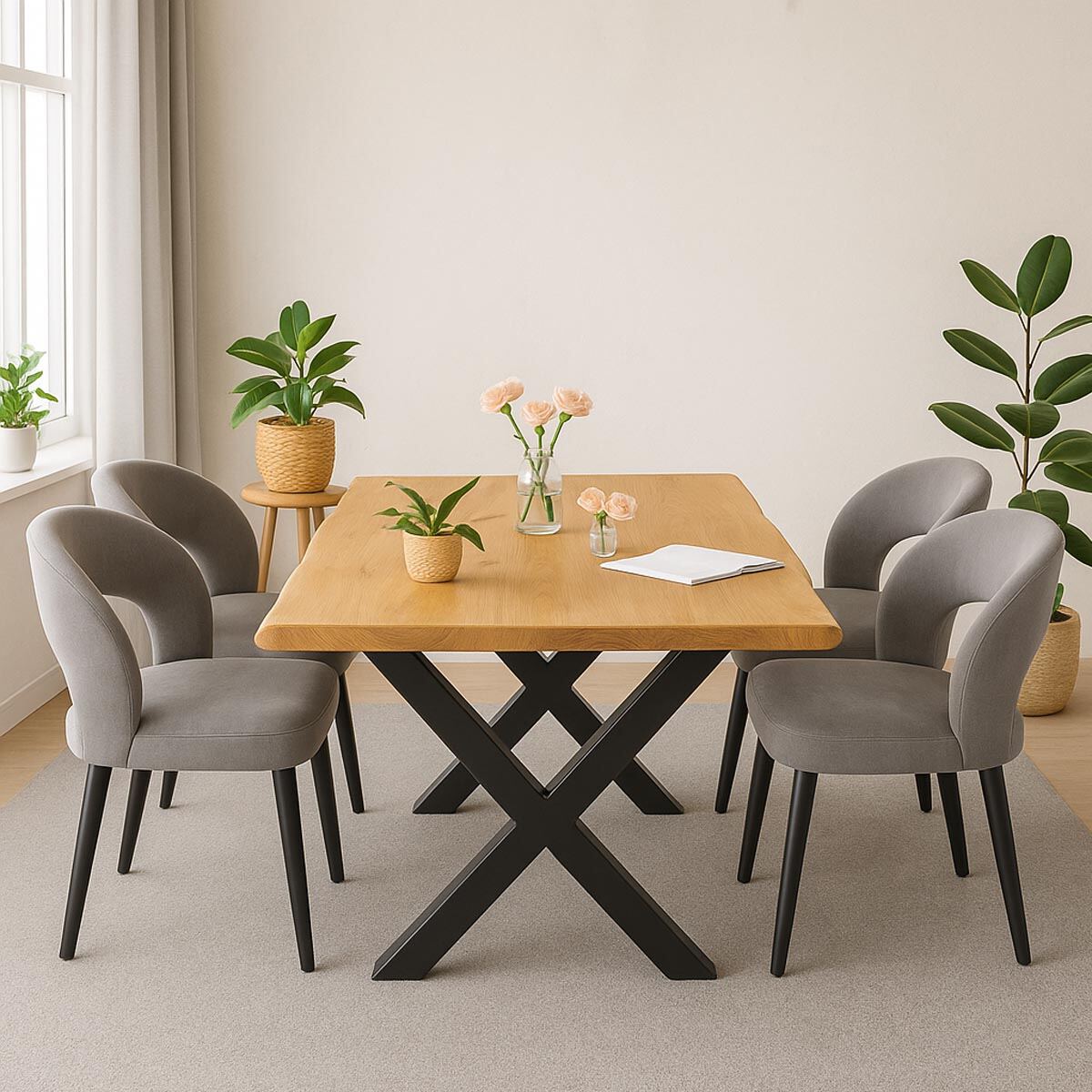 Essgruppe Scandi 5-teilig Esstisch Baumkante 160x90 Eiche mit 4 Stühlen Essgruppe Scandi 5-teilig Esstisch Baumkante 160x90 Eiche mit 4 Stühlen von bk-solutions