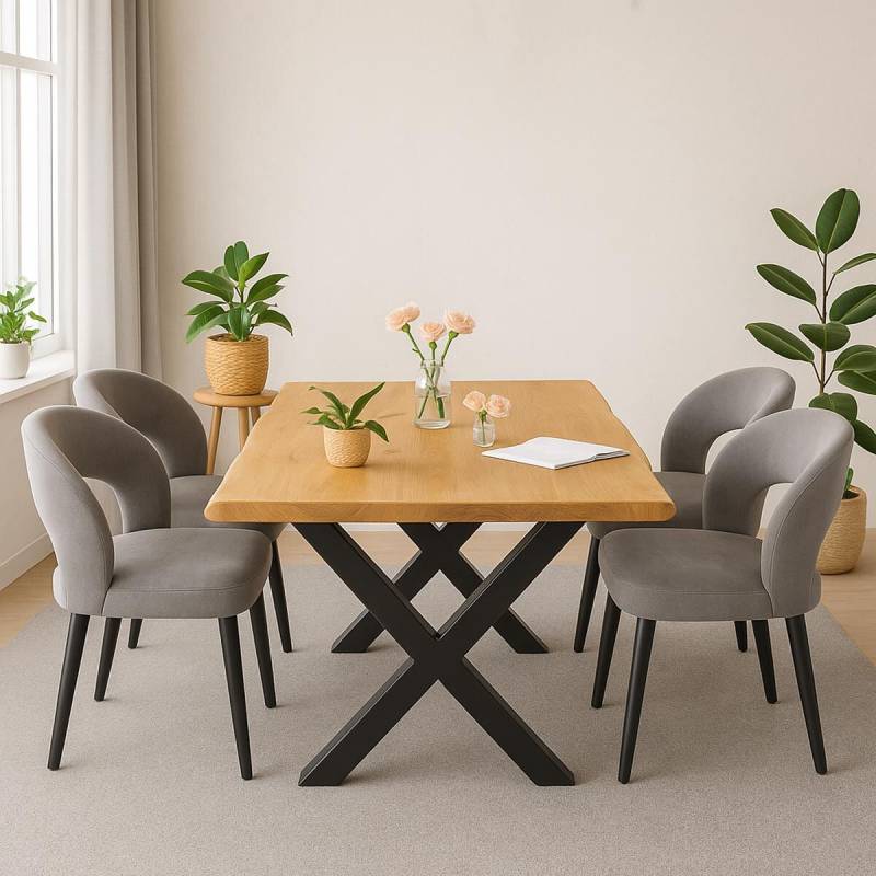 Essgruppe Scandi 5-teilig Esstisch Baumkante 160x90 Eiche mit 4 Stühlen Essgruppe Scandi 5-teilig Esstisch Baumkante 160x90 Eiche mit 4 Stühlen von bk-solutions