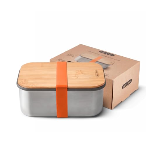 BLACK + BLUM Edelstahl Sandwichbox | Orange | 1,25 L Edelstahl Dose mit Deckel | Silikon-Trennwand & Silikonband | Bambusdeckel/Schneidebrett | Lunchbox Erwachsene BPA-frei | Bento Box Erwachsene von BLACK + BLUM