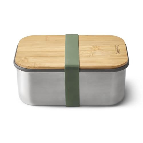 BLACK + BLUM Edelstahl Sandwichbox | Olive | 1,25 L Edelstahl Dose mit Deckel | Silikon-Trennwand & Silikonband | Bambusdeckel/Schneidebrett | Lunchbox Erwachsene BPA-frei | Bento Box Erwachsene von black+blum