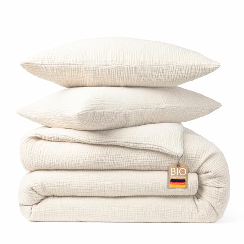 blanketino Bio Musselin Bettwäsche Set (Cremeweiß (Vanille), 135x200 cm + 1x Kissen 80x80 cm) von blanketino