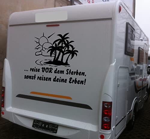 Autoaufkleber: 'Reise vor dem Sterben' - Wohnmobil, Palmen (Schwarz - 600 mm x 450 mm) von blattwerk-design