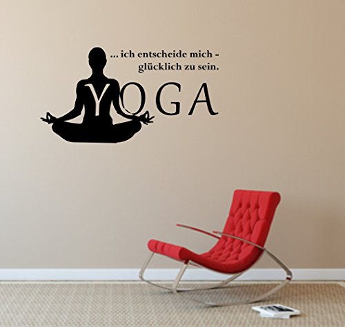 Wandtattoo Wandaufkleber: YOGA mit Spruch "Ich entscheide mich, glücklich zu sein." Meditation Enstpannung Sport Hatha - (1120 mm x 600 mm, Blau) von blattwerk-design