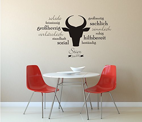 blattwerk-design Sternzeichen: STIER - Wandtattoo - Charaktereigenschaften - Tierkreiszeichen - Wandaufkleber (600 mm x 350 mm, M030 Dunkelrot) von blattwerk-design