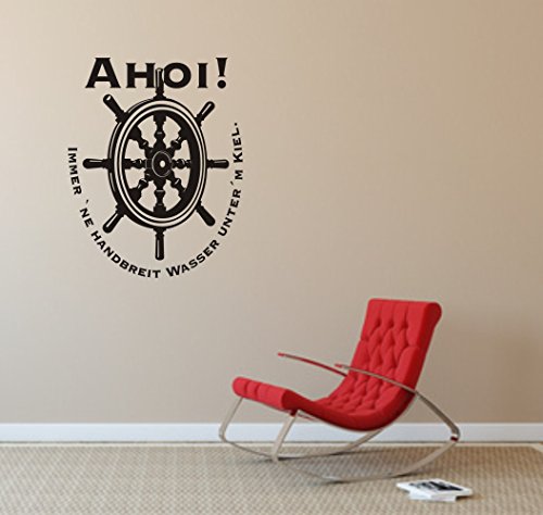 blattwerk-design Wandtattoo Steuerrad -AHOI! Immer 'ne handbreit Wasser unter'm Kiel- See - Boot - Schiff Verschiedene Größen und Farben (570 mm x 450 mm, Schwarz) von blattwerk-design