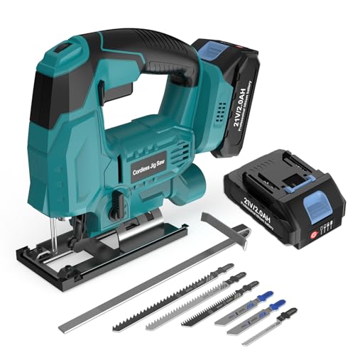 blayram Akku Stichsäge kompatibel mit Ma-kkita 18V, Elektro-Stichsägen mit 2 * 2,0Ah & 6Sägeblättern, Variable Geschwindigkeit, 0°-45° Gehrungsschnitte für Holz, Metall, Kunststoff & Sperrholz blayram Akku Stichsäge kompatibel mit Ma-kkita 18V, Elektro-Stichsägen mit 2 * 2,0Ah & 6Sägeblättern, Variable Geschwindigkeit, 0°-45° Gehrungsschnitte für Holz, Metall, Kunststoff & Sperrholz von blayram