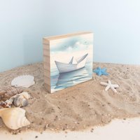 Papierboot Schiff Holzblock Holzschild Holzbild "Freiheit" | 10x10x2cm Küste Meer Urlaub Wohndeko Deko Büro Bad Kleines Geschenk Dekoration von WishcraftersDE