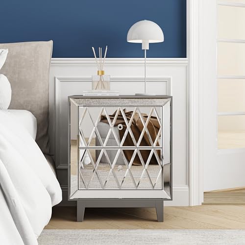 blingworld 56 cm 2-Schubladen Pattern Mirror Glass Nachttisch – Hollywood Glamour Nachttisch mit Kristallgriffen und verspiegelter Oberfläche von blingworld