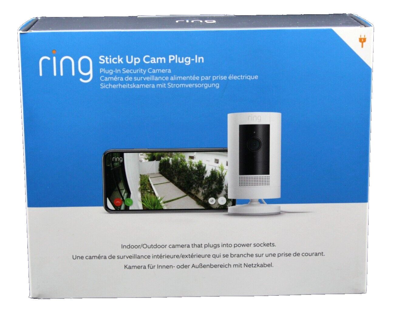 Ring Stick Up Cam Plug-in WLAN Kamera Weiss Netzkabel Alexa Überwachungskamera (Außenbereich, Innenbereich, Bewegungserkennung Nur-Personen-Modus, 1080p Video mit Nachtsicht) von Ring