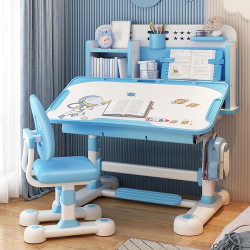 2Pcs/Set Kids Study Desk Chair Set, Height Adjustable Children School Study Table Chair Set with Sitting Corrector, Ergonomic Desk Chair with Book Stand, Foot Pedal12 (Blue) von blodfune