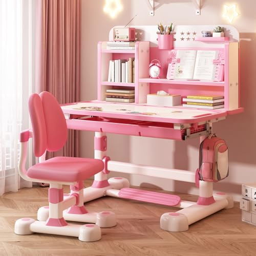 2Pcs/Set Kids Study Desk Chair Set, Height Adjustable Children School Study Table Chair Set with Sitting Corrector, Ergonomic Desk Chair with Book Stand, Foot Pedal12 (pink) von blodfune