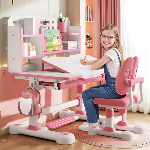 Kinder-Schreibtisch und Stuhl-Set, schreibtisch kinder höhenverstellbar mit neigbarem ,kinderschreibtisch mit Sitzkorrektur, Ergonomischer Kinderschreibtisch Höhenverstellbar mitBuchständer (ROSA(NA)) von blodfune