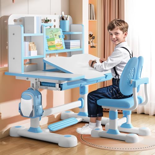 Kinder-Schreibtisch und Stuhl-Set, schreibtisch kinder höhenverstellbar mit neigbarem ,kinderschreibtisch mit Sitzkorrektur, Ergonomischer Kinderschreibtisch Höhenverstellbar mitBuchständer (BLAU(NA)) von blodfune