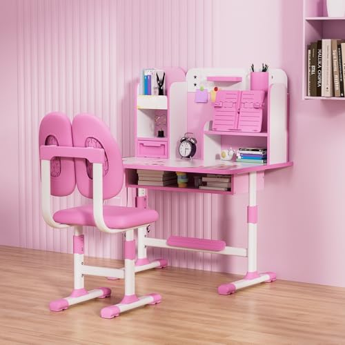 Kinderschreibtisch, Schreibtisch- und Stuhl-Set für Kinder, Tisch Höhenverstellbar, Schubladen und Stauraum, Schreibtisch mit Geräumiger Aufbewahrungsschublade Schreibtischstuhl Kinder (rosa) von blodfune