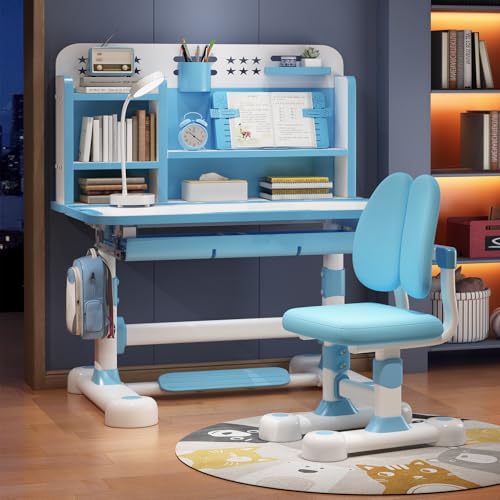 Schreibtisch Kinder höhenverstellbar mit neigbarem,Kinder-Schreibtisch- und Stuhl-Set,kinderschreibtisch mit Sitzkorrektur, Ergonomischer Kinderschreibtisch Höhenverstellbar mit Buchständer (BLAU) von blodfune