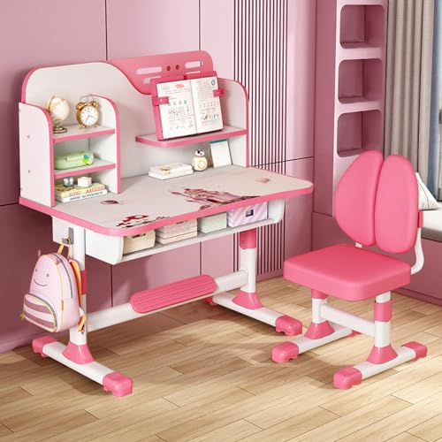 blodfune Kleiner Schreibtisch,Tisch Höhenverstellbar, Stabiler kinderschreibtisch mit Schublade, Bücherregal, Cartoon-Muster, Kinder-Schreibtischstuhl-Set für,Schreibtischstuhl Kinde (rosa) von blodfune