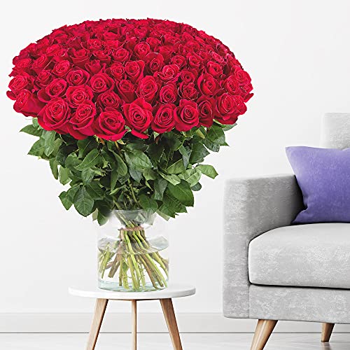 100 Rosen - Premium-Rosen Red Naomi (60cm) - echter Rosenstrauß handgebunden von Floristen von blumenshop.de