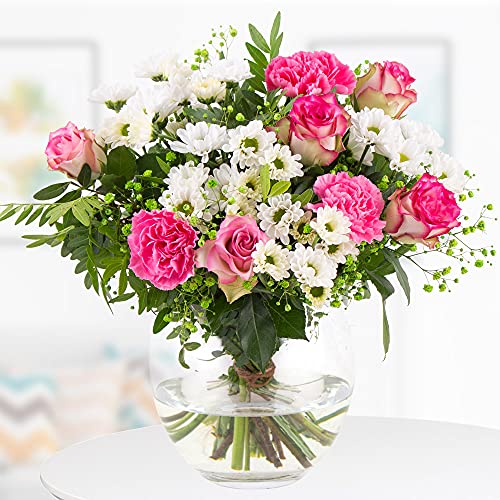 Blumenstrauß Glückskind versenden mit 7-Tage-Frischegarantie, aus Rosen, Nelken, Santini und Schleierkraut handgebunden von blumenshop.de