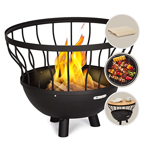 Blumfeldt Feuerschale für den Garten, Feuerschale mit Grillrost & Bambusdeckel für Feuerschale, Stahl Feuerschalen Klein, Wetterfeste Feuerstelle mit Grill, Kleine Feuerschale mit Grillring, 63cm Hoch von blumfeldt