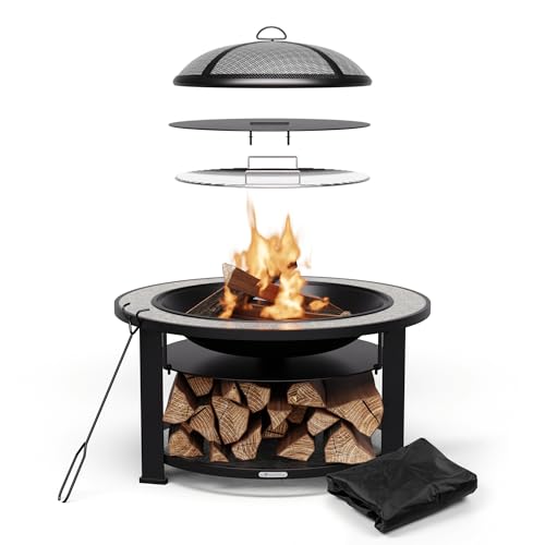 Blumfeldt Merano Circolo Feuerschale - 3-in-1 Feuerschale Mit Grillrost & Tisch, Robuster Stahlrahmen, Terrazzo-Tischplatte, Inkl. Funkenschutz, Hitzeschild & Schürhaken, Für Garten & Terrasse von blumfeldt
