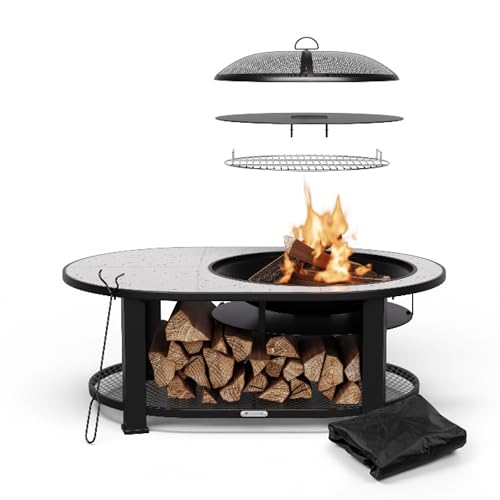 Blumfeldt Merano Circolo L Feuerschale - 3-in-1 Feuerschale mit Grillrost & Tisch, robuster Stahlrahmen, Terrazzo-Tischplatte, inkl. Funkenschutz, Schürhaken & Deckel, für Garten & Terrasse von blumfeldt