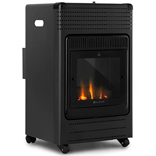 blumfeldt Andora Flame Gasheizofen - zwei Heizstufen mit 2 oder 3,4 kW, bis 11 kg Gasflaschen, Heizfläche: bis 68 m², inkl. Schlauch und Druckminderer, Feuerschein, elektrisches Zündsystem, schwarz von blumfeldt