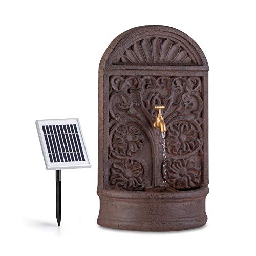 blumfeldt Blumquell Solarbrunnen, Gartenbrunnen, Zierbrunnen, Dekobrunnen, LED-Beleuchtung: weiß, mit Solarpanel, für draußen, Florale Muster, mit Akku, extra langes Kabel: 5 m, braun von blumfeldt