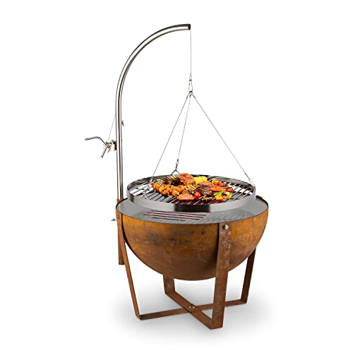 blumfeldt Fire Globe Feuerschale mit Grill, Grillring: Ø 59cm, Feuerschale: Ø 60cm, Grillrost: Ø 59cm, Maße: 60 x 120cm (ØxH), Used-Look: künstliche Rost-Optik, stufenlos höhenverstellbar, braun von blumfeldt