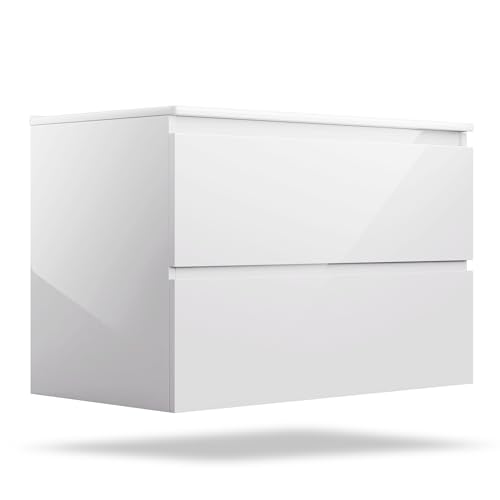 blumfeldt Johnstone Waschbecken mit Unterschrank – weiß Hochglanz Waschtisch mit Soft-Close, Keramikbecken, feuchtigkeitsbeständigem Material und geräumigen Schubladen – einfache Montage von blumfeldt