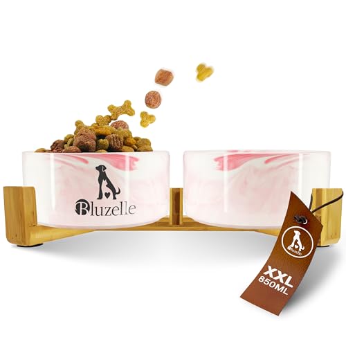 bluzelle Balance Bowl 2-in-1 Hundenapf Set XXL, 2X 850ml Keramikschalen mit Bambus Holz Gestell, Rutschfester Futternapf für Hunde und Katzen, Für Trockenfutter Nassfutter Wasser (Marmor Pink) von bluzelle
