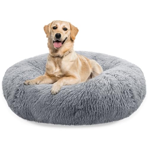 bluzelle Hundebett Große Hunde, 120cm Hundekissen Rund Donut Kissen Hundekorb Flauschig Plüsch, Ergonomisch Bezug Waschbar rutschfest Weich Kuschelig Kunstfell, Farbe:Hellgrau von bluzelle