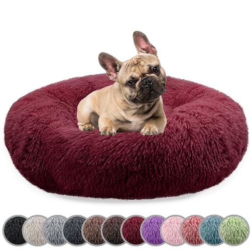 bluzelle Hundebett für Mittelgroße Hunde, 70cm Hundekissen Rund Donut Kissen Hundekorb Flauschig Plüsch, Ergonomisch Bezug Waschbar rutschfest Weich Kunstfell, Farbe:Burgunder von bluzelle