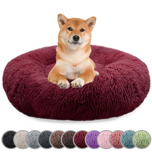 bluzelle Hundebett für Mittelgroße Hunde, 80cm Hundekissen Rund Donut Kissen Hundekorb Flauschig Plüsch, Ergonomisch Bezug Waschbar rutschfest Weich Kunstfell, Farbe:Burgunder von bluzelle