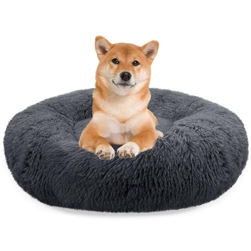 bluzelle Hundebett für Mittelgroße Hunde, 80cm Hundekissen Rund Donut Kissen Hundekorb Flauschig Plüsch, Ergonomisch Bezug Waschbar rutschfest Weich Kunstfell, Farbe:Dunkel-Grau von bluzelle