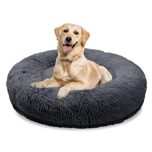 bluzelle Orthopädisches Hundebett für Grosse Hunde, 120cm Donut Kissen Waschbar Memory Foam Rund, Hundekorb Hundekissen Flauschig Plüsch Kunstfell Weich, Farbe:Dunkel-Grau von bluzelle