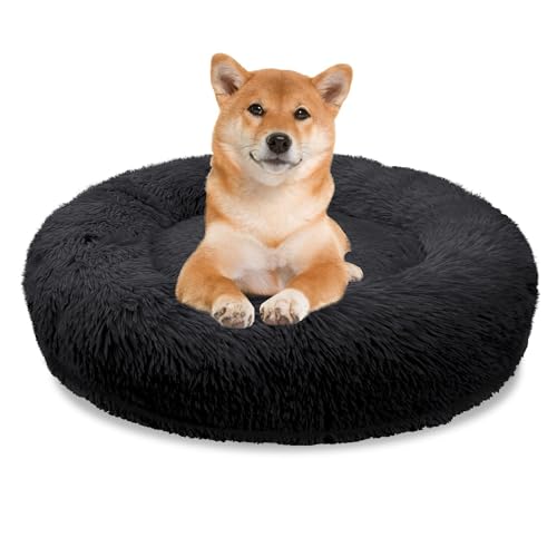 bluzelle Orthopädisches Hundebett für Mittelgroße Hunde, 80cm Donut Kissen Waschbar Memory Foam Rund, Hundekorb Hundekissen Flauschig Plüsch Kunstfell Weich, Farbe:Schwarz von bluzelle