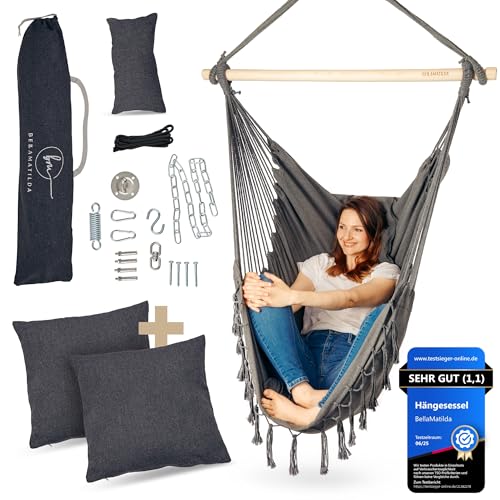 BELLAMATILDA® Hängesessel inkl 3 Kissen + 360° Montagezubehör - Outdoor & Indoor XXL Hängeschaukel für Erwachsene & Kinder - Hängesitz/Hängestuhl bis 150kg für Garten, Wohnzimmer, Balkon (O.Gr.) von bm BELLAMATILDA
