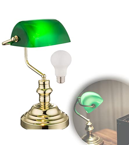 Bankerlampe Grün Messing Retro - Schreibtischlampe LED mit Grünen Lampenschirm - Banker Tischlampe Büro - Schreibtischleuchte mit Leuchtmittel E27 - Bürolampe Schreibtisch Höhe 36 cm von bmf-versand