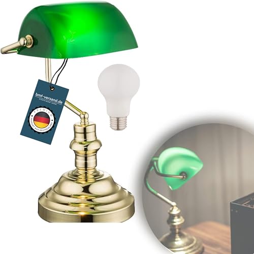 Bankerlampe Grün Messing Retro - Schreibtischlampe LED mit Grünen Lampenschirm - Banker Tischlampe Büro - Schreibtischleuchte mit Leuchtmittel E27 - Bürolampe Schreibtisch Höhe 36 cm von bmf-versand