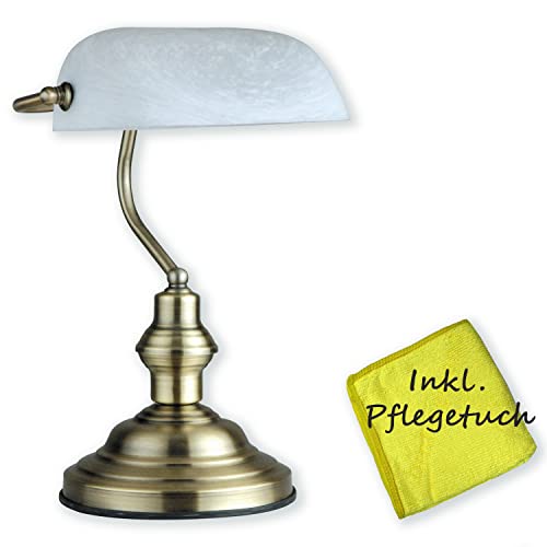 bmf-versand Bankerlampe Weiß Messing - Schreibtischlampe Retro mit weißem Lampenschirm - Banker Tischlampe Büro - Schreibtischleuchte mit Pflegetuch - Bürolampe Schreibtisch Höhe 36 cm von bmf-versand