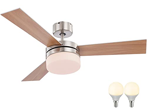 Deckenventilator mit Beleuchtung und Fernbedienung Holz Optik - Ventilator Leise Groß Decke - Deckenlampe LED Wohnzimmer Modern mit Lüfter - 3 Wende Flügel Buche Silber 105 cm von bmf-versand