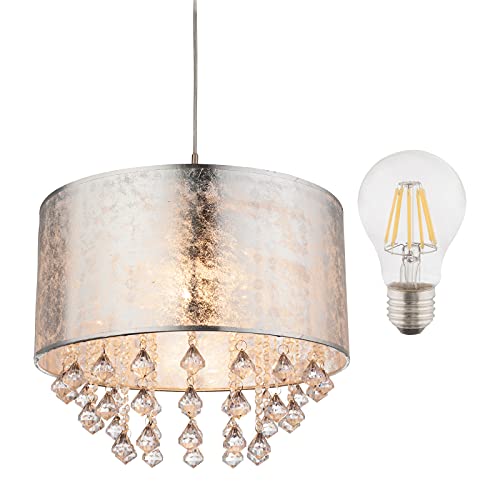 Hängelampe Esstisch Modern mit LED - Hängeleuchte Vintage Wohnzimmer - Pendelleuchte 1 Flammig E27 - Pendellampe Grau Metallic Stoff - Kristall Silber Diamant Design Ø 40 cm von bmf-versand