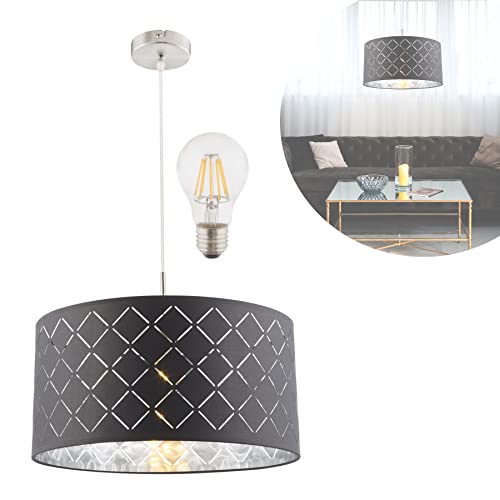 bmf-versand Hängelampe Schlafzimmer Stoff Grau - Hängeleuchte Wohnzimmer LED - Pendelleuchte Esstisch mit Leuchtmittel - Esszimmerlampe Hängend Textil Lampenschirm 40 cm Höhe 140 cm von bmf-versand