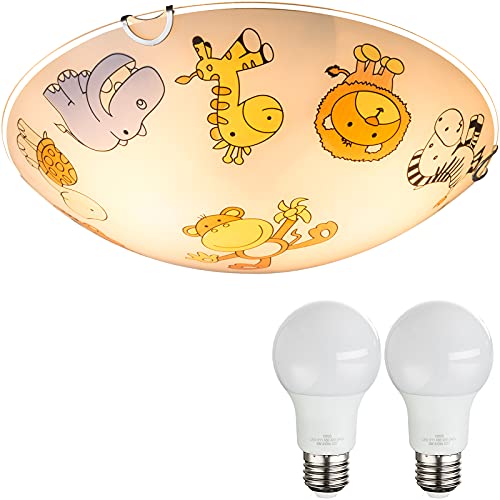 bmf-versand Kinderzimmer Lampen Decke Mädchen Jungen mit LED - Deckenleuchte E27 - Deckenlampe 2 Flammig Weiß Bunt - Kinderzimmerlampe Kinder Tiere - Babyzimmer Lampe Zoo - Rund Ø 30 cm von bmf-versand