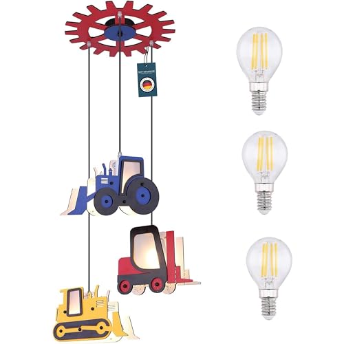 bmf-versand Kinderzimmer Lampen Jungen und Mädchen mit LED - Pendelleuchte 3-Flammig - Pendellampe Kinder - Kinderzimmerlampe Bagger Traktor Stapler Blau Rot Gelb - Hängelampe Babyzimmer von bmf-versand