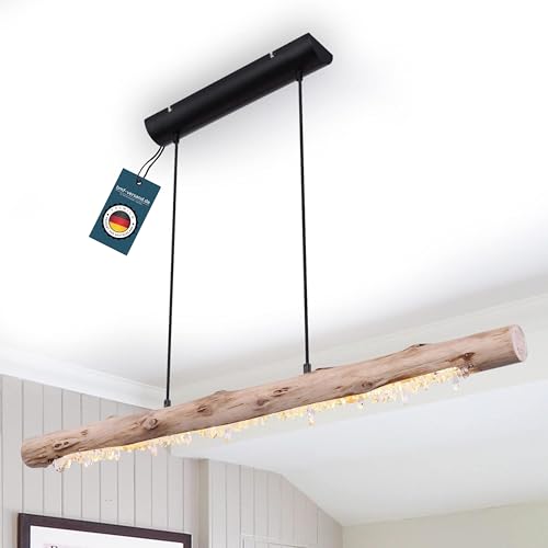bmf-versand LED Hängelampe 3-Stufen-Dimmbar Memoryfunktion aus Metall Holz Acrylkristalle für Wohnzimmer inkl Pflegetuch – Pendellampe Holzbalken Esstisch – Hängeleuchte Esszimmer von bmf-versand
