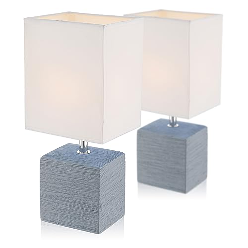 Nachttischlampe 2er Set Grau - Tischlampe Wohnzimmer Vintage Modern - Lampenschirm Weiß Stoff Eckig - Lampe Schlafzimmer Nachttisch Schmal - Dekolampen Innen Fensterbank - 29 cm von bmf-versand