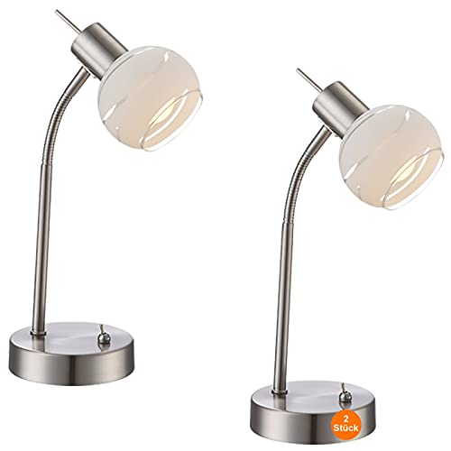 bmf-versand Nachttischlampe 2er Set LED Modern - Schreibtischlampe Weiß Silber Beweglicher Arm - Tischlampe Wohnzimmer Glas Kugel - Lampe Schlafzimmer Nachttisch - Bürolampe Schreibtisch - 34 cm von bmf-versand