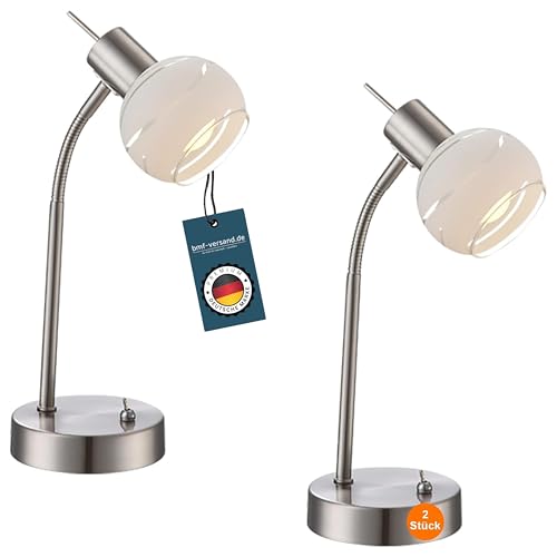 bmf-versand Nachttischlampe 2er Set LED Modern - Schreibtischlampe Weiß Silber Beweglicher Arm - Tischlampe Wohnzimmer Glas Kugel - Lampe Schlafzimmer Nachttisch - Bürolampe Schreibtisch - 34 cm von bmf-versand